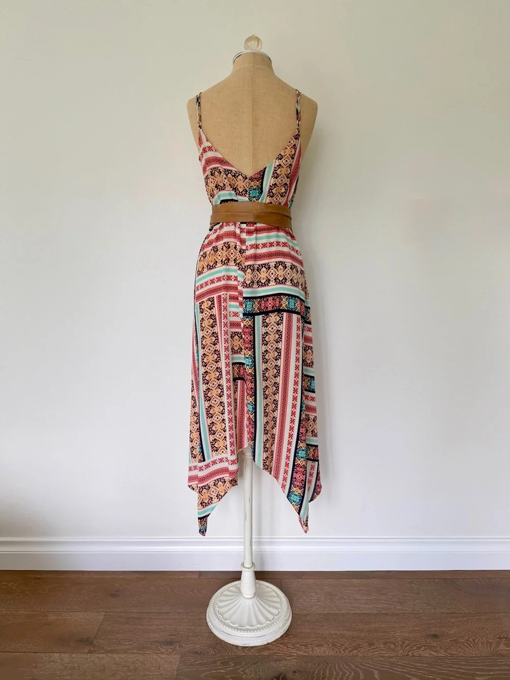 Romeo & Juliet Couture Coral Pink & Aqua Boho Handkerchief Hem Dress